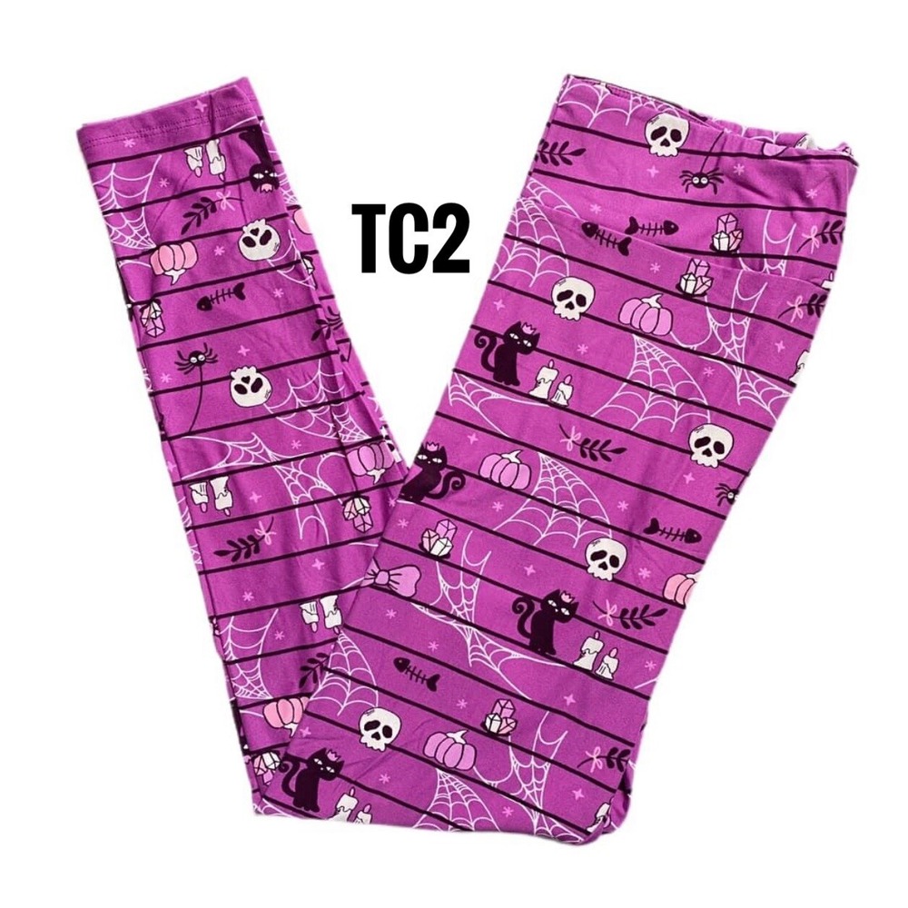 Tc2 Lularoe Halloween Leggings Purple Spider Webs Cats Fits 18/24